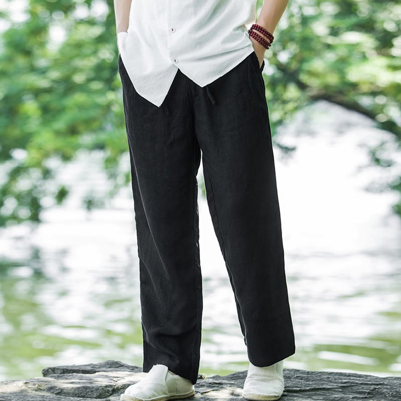 Foviel Solid Color Cotton Linen Men's Wide Leg Pants With Pockets