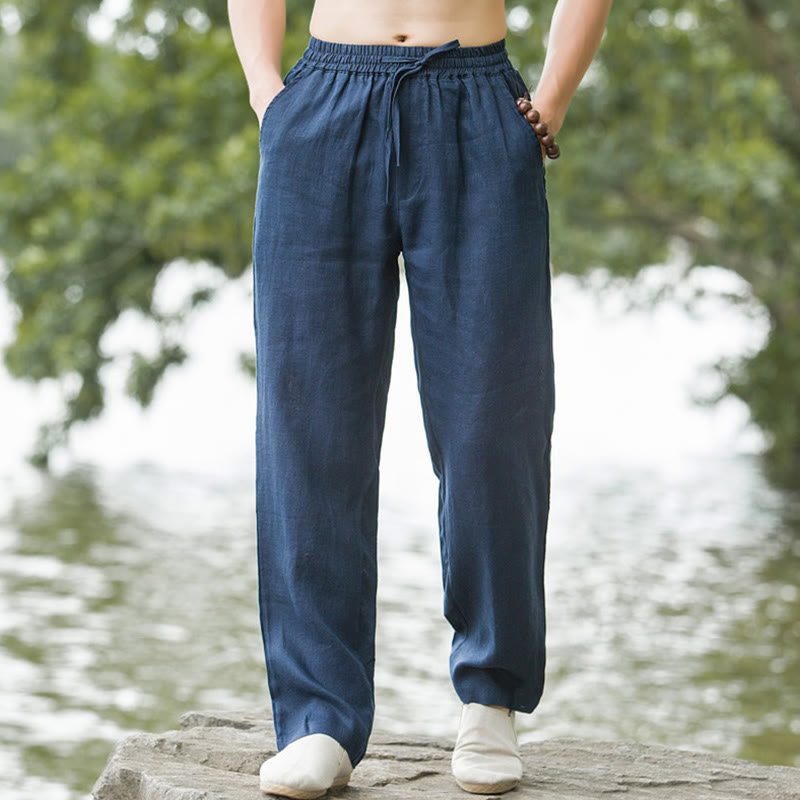 Foviel Solid Color Cotton Linen Men's Wide Leg Pants With Pockets