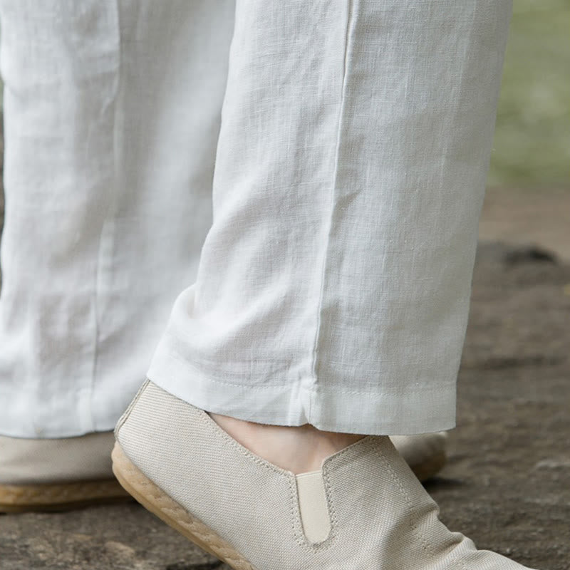 Foviel Solid Color Cotton Linen Men's Wide Leg Pants With Pockets