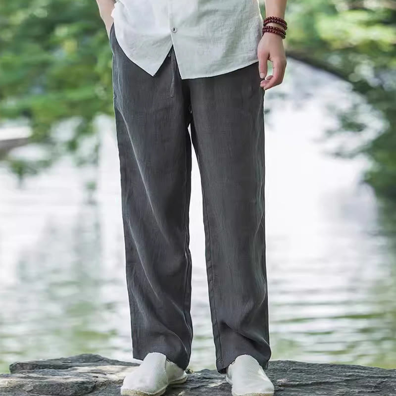 Foviel Solid Color Cotton Linen Men's Wide Leg Pants With Pockets