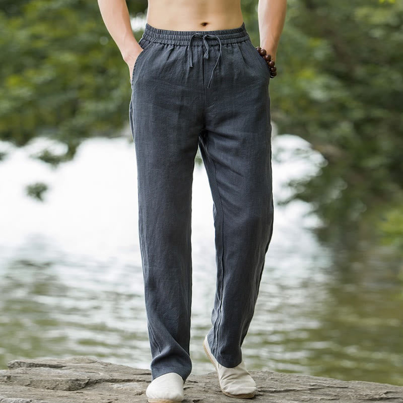 Foviel Solid Color Cotton Linen Men's Wide Leg Pants With Pockets