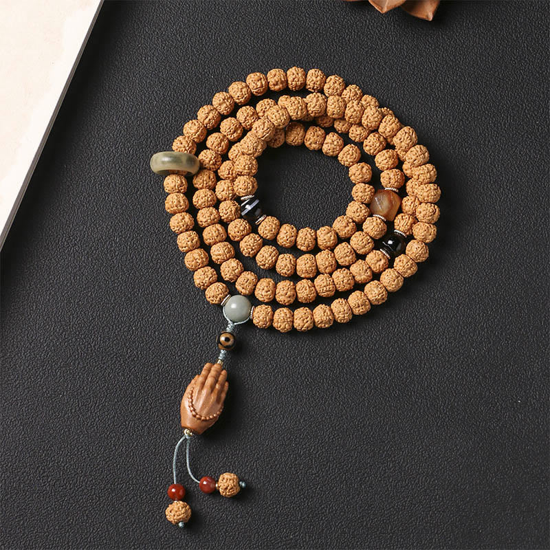 Bracelet porte-bonheur Foviel avec perle Dzi à trois yeux en graine de Bodhi et main de Bouddha pour la richesse
