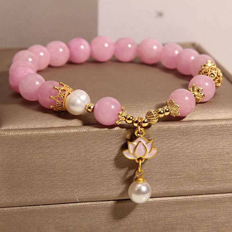 Buddha Stones Pink Quartzite Pearl Lotus Charm Harmony Bracelet - image 2