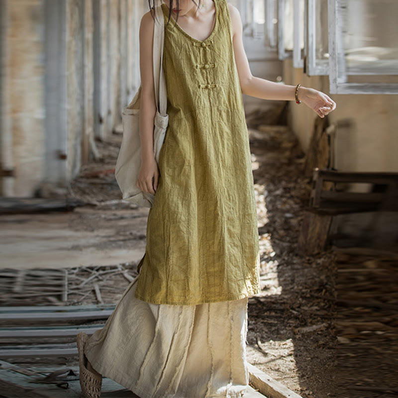 Robe sans manches longueur genou en lin ramie pour femme avec boutons grenouille Foviel et poches