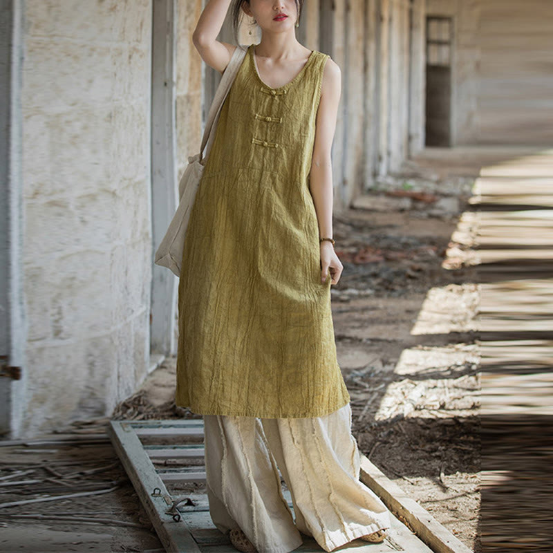 Robe sans manches longueur genou en lin ramie pour femme avec boutons grenouille Foviel et poches