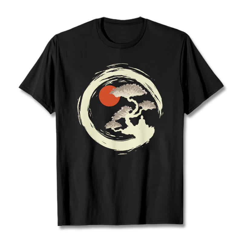 Buddha Stones Red Sun Pine Zen Circle Meditation Person Tee T-shirt - Black - 2XL - image 0