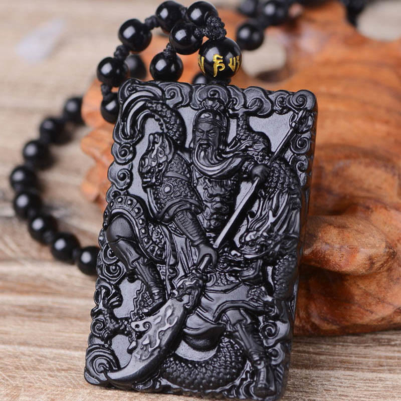 Pendentif de collier Foviel en obsidienne noire gravée, amulette Guan Gong, force