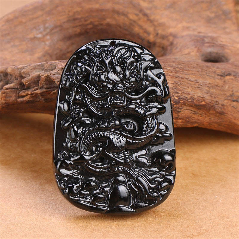 Foviel Black Obsidian Dragon Carved Luck Protection Necklace Pendant