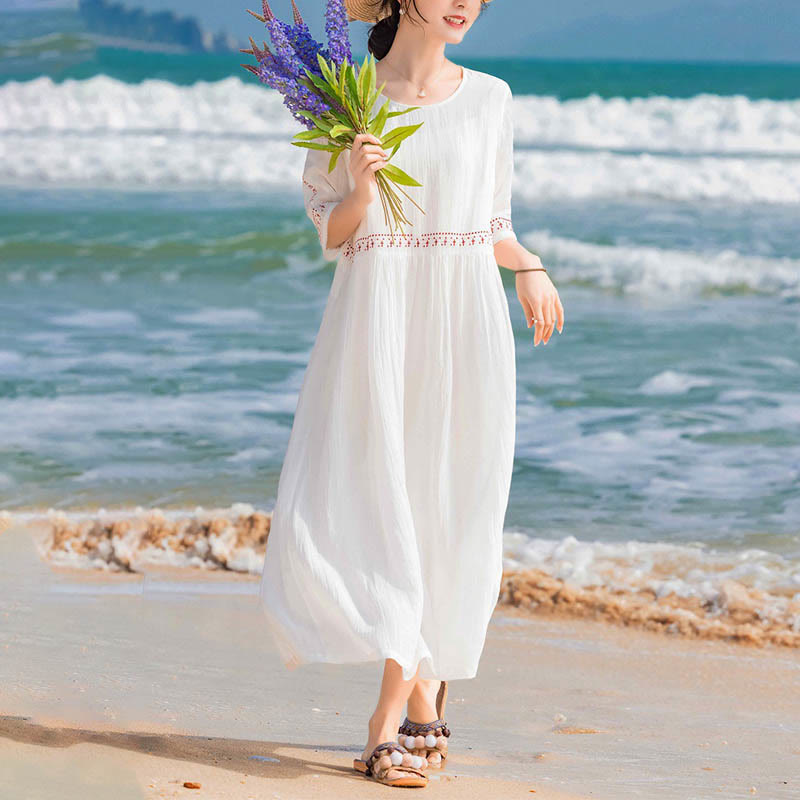 Buddha Stones Solid Color Embroidery Short Sleeve Cotton Midi Dress - image 12