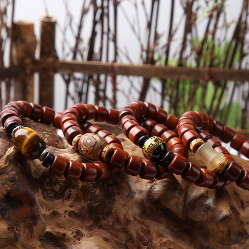 Bracelet de force Foviel en os tibétain, perle Dzi à trois yeux, corne de mouton et agate rouge