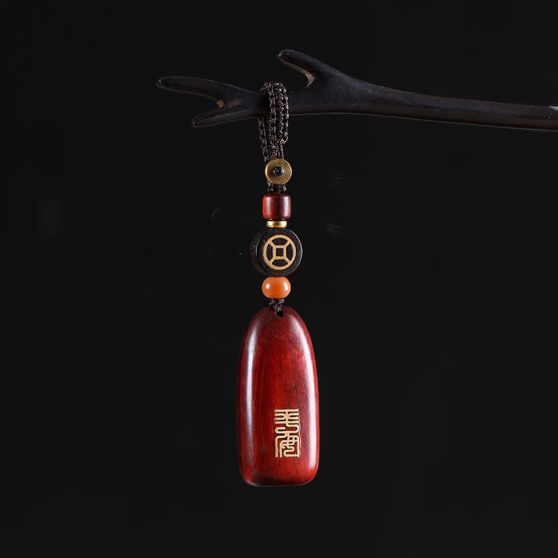 Porte-clés de protection Foviel en bois de santal rouge à petites feuilles et bois d'ébène avec pièce de monnaie en cuivre porte-bonheur