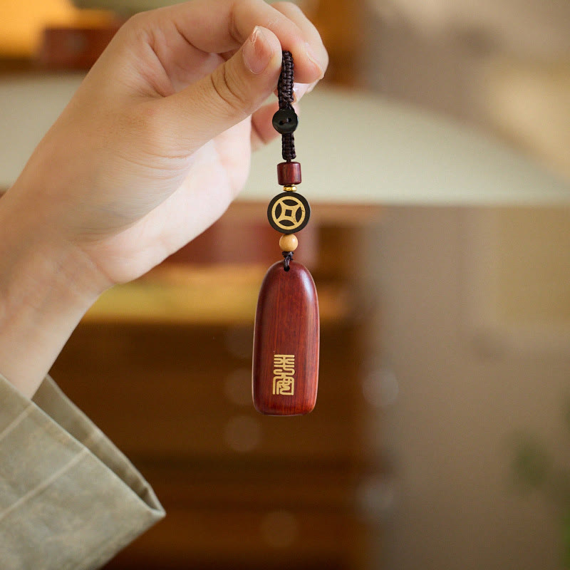 Porte-clés de protection Foviel en bois de santal rouge à petites feuilles et bois d'ébène avec pièce de monnaie en cuivre porte-bonheur