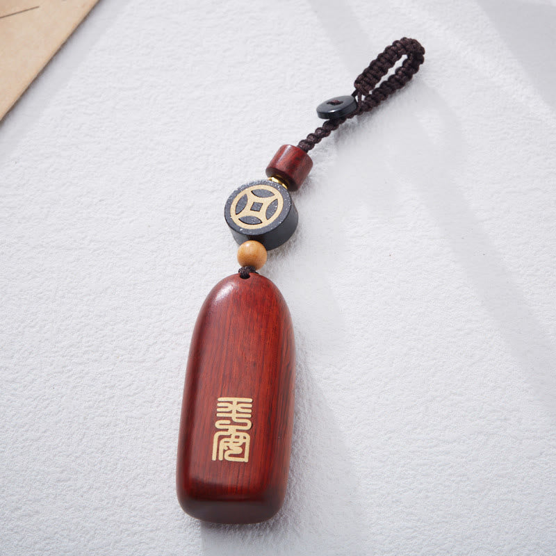 Porte-clés de protection Foviel en bois de santal rouge à petites feuilles et bois d'ébène avec pièce de monnaie en cuivre porte-bonheur