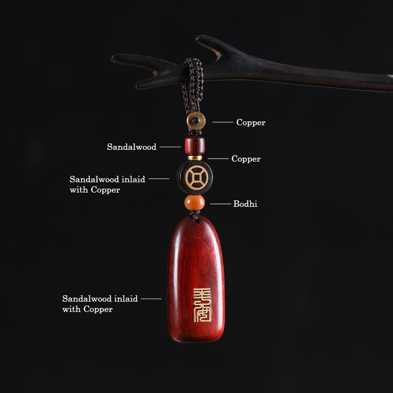 Porte-clés de protection Foviel en bois de santal rouge à petites feuilles et bois d'ébène avec pièce de monnaie en cuivre porte-bonheur