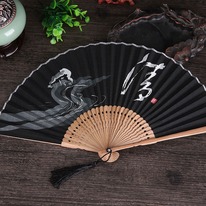 Buddha Stones Chinese Characters Golden Dragonfly Handheld Cotton Linen Bamboo Folding Fan 22cm Folding Fan BS Black 22cm