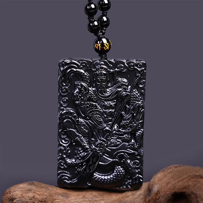 Pendentif de collier Foviel en obsidienne noire gravée, amulette Guan Gong, force