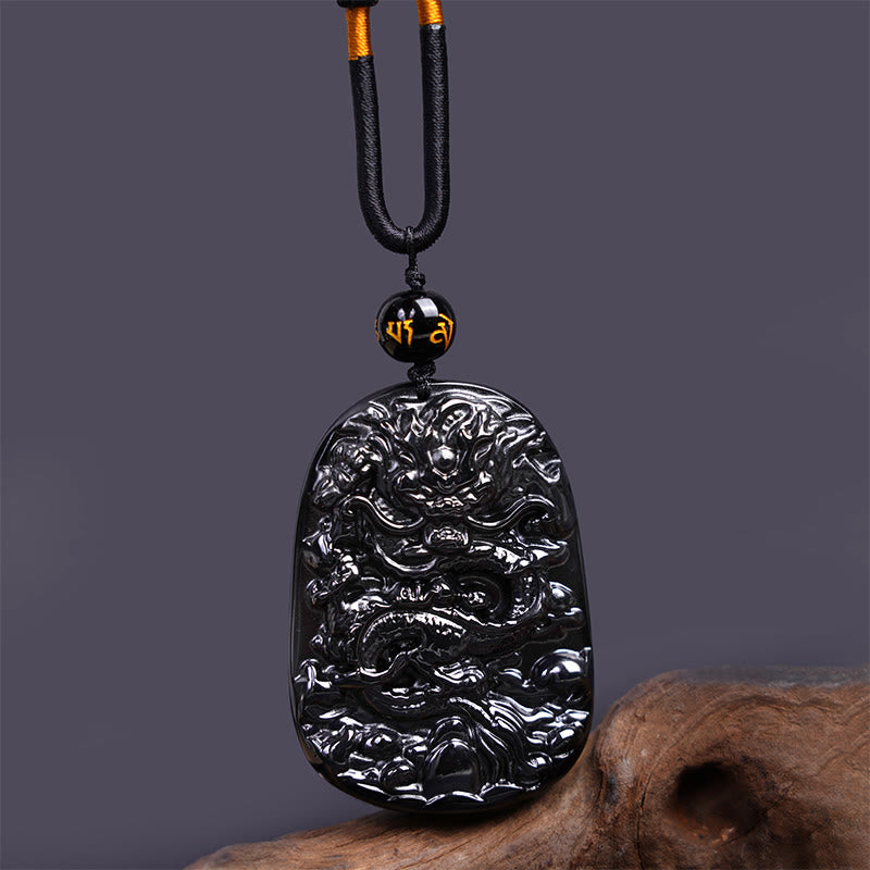 Foviel Black Obsidian Dragon Carved Luck Protection Necklace Pendant