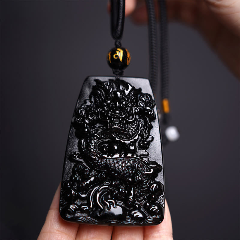 Foviel Black Obsidian Dragon Carved Luck Protection Necklace Pendant