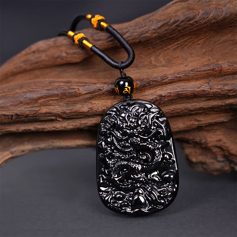 Foviel Black Obsidian Dragon Carved Luck Protection Necklace Pendant