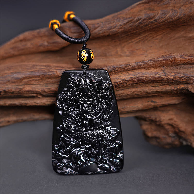 Foviel Black Obsidian Dragon Carved Luck Protection Necklace Pendant