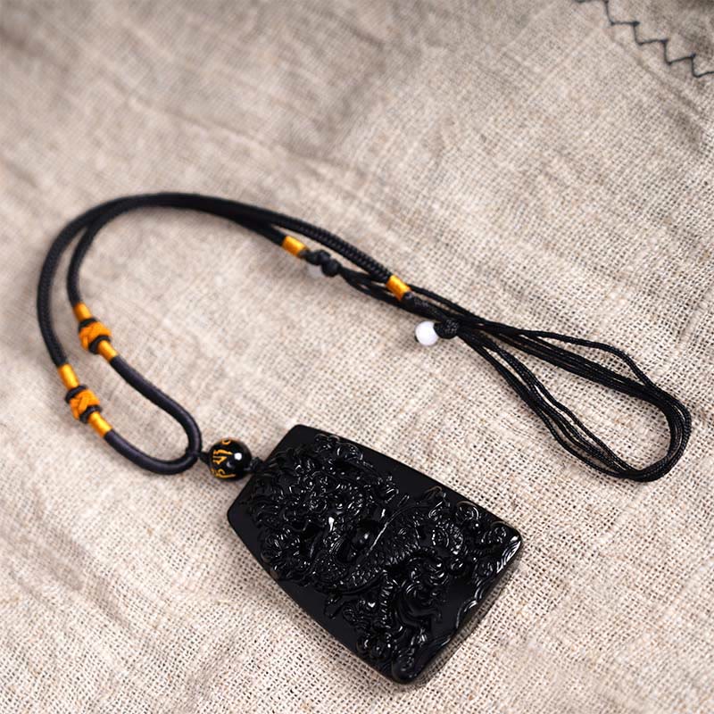 Foviel Black Obsidian Dragon Carved Luck Protection Necklace Pendant