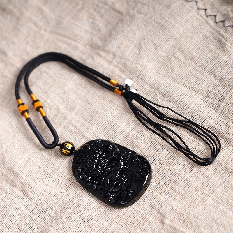 Foviel Black Obsidian Dragon Carved Luck Protection Necklace Pendant