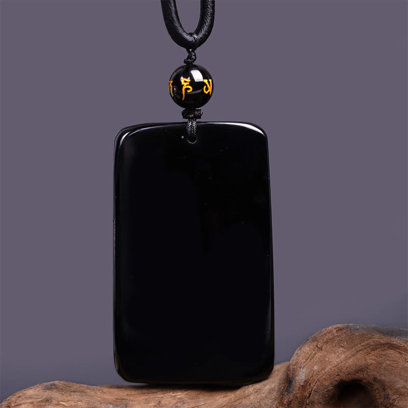 Pendentif collier Foviel en obsidienne noire naturelle rectangulaire gravé d'un dragon pour le succès