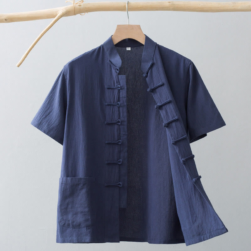 Buddha Stones Chinese Frog-Button Tang Suit Men's Short Sleeve Shirt Cotton Linen Clothing With Pockets - SteelBlue - US/UK/AU44,EU54 (4XL) - image 13