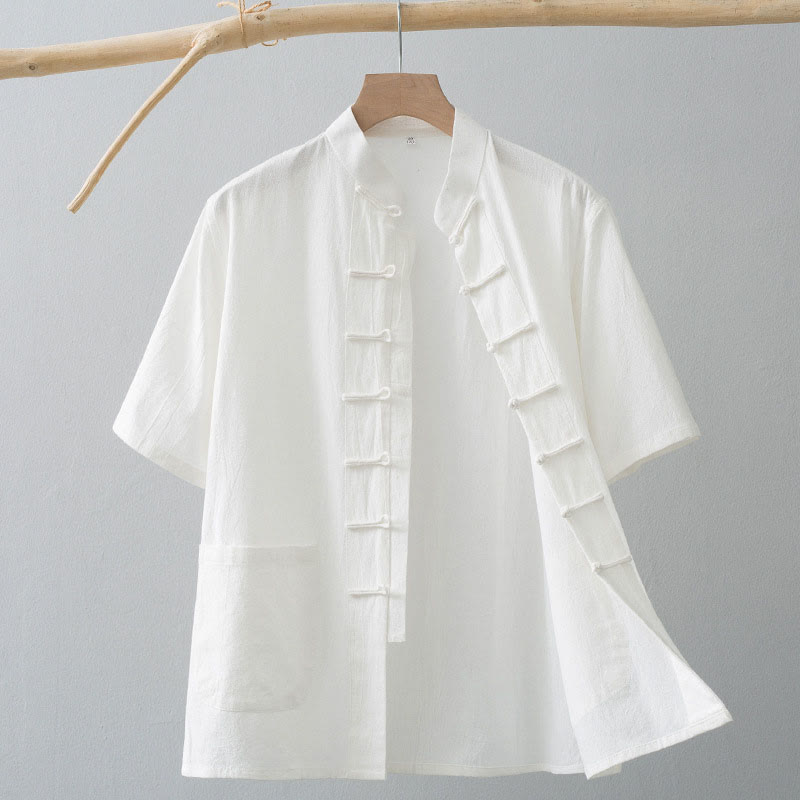 Buddha Stones Chinese Frog-Button Tang Suit Men's Short Sleeve Shirt Cotton Linen Clothing With Pockets - White - US/UK/AU44,EU54 (4XL) - image 0