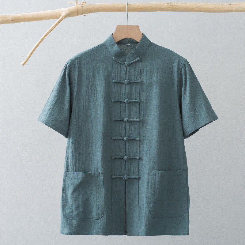 Buddha Stones Chinese Frog-Button Tang Suit Men's Short Sleeve Shirt Cotton Linen Clothing With Pockets - image 8