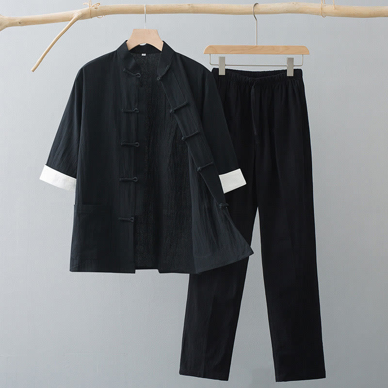 Buddha Stones Traditional Frog Tang Suit Half Sleeve Top Pants Clothing Men's Set - Black Top&Black Pants - US/UK/AU44,EU54 (4XL) - image 8