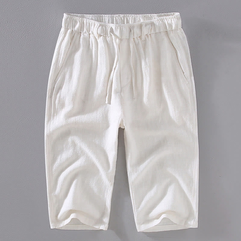 Foviel Men's Solid Color Ramie Linen Drawstring Cropped Pants With Pockets