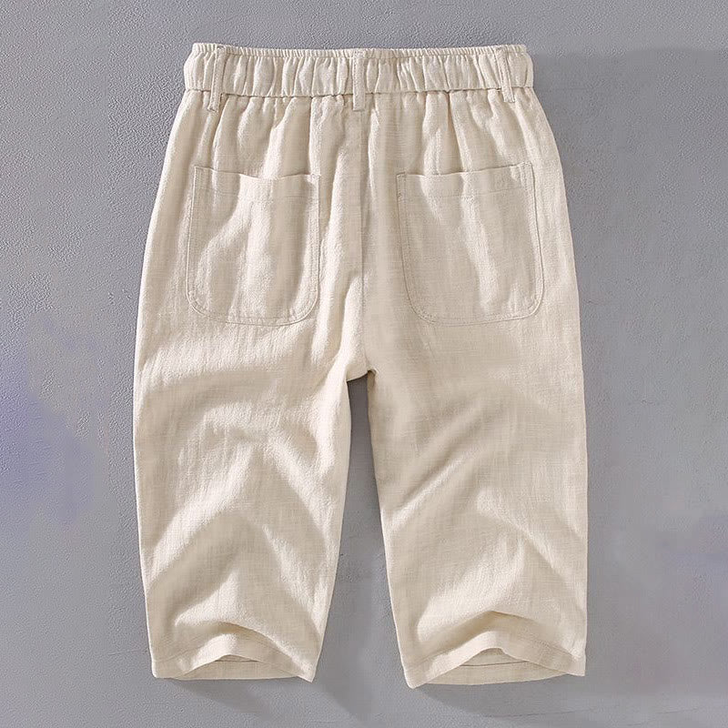 Pantalon court à cordon de serrage en lin et ramie de couleur unie pour homme Foviel avec poches