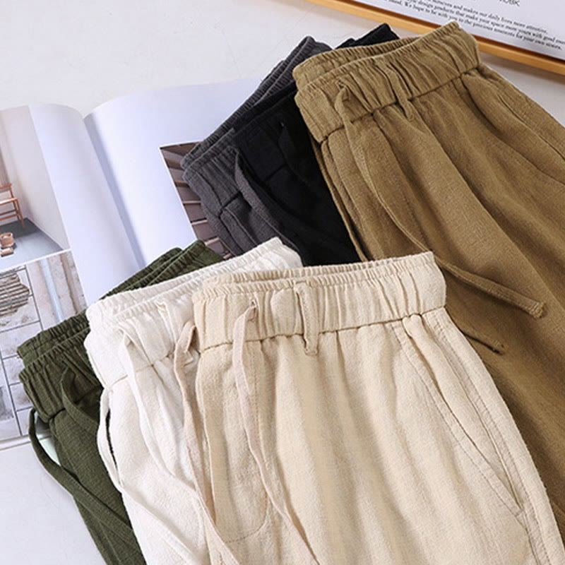 Foviel Men's Solid Color Ramie Linen Drawstring Cropped Pants With Pockets