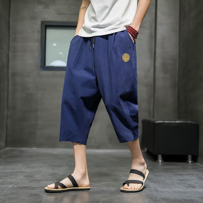 Buddha Stones Summer Men's Linen Drawstring Cropped Pants With Pockets - SteelBlue - US/UK/AU44,EU54 (5XL) - image 1