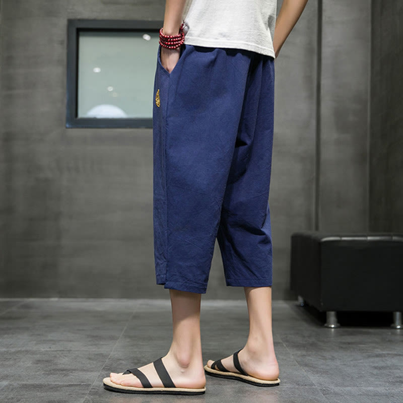 Buddha Stones Summer Men's Linen Drawstring Cropped Pants With Pockets - image 3