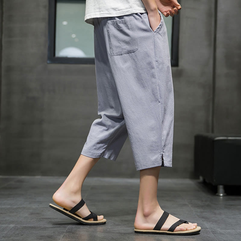 Buddha Stones Summer Men's Linen Drawstring Cropped Pants With Pockets - image 21