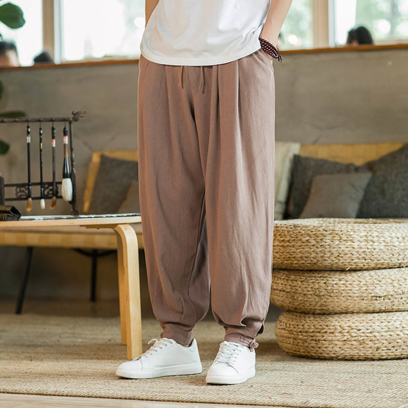 Buddha Stones Summer Plain Men's Cotton Linen Tapered Pants With Pockets - SandyBrown - US/UK/AU48,EU58(5XL) - image 10