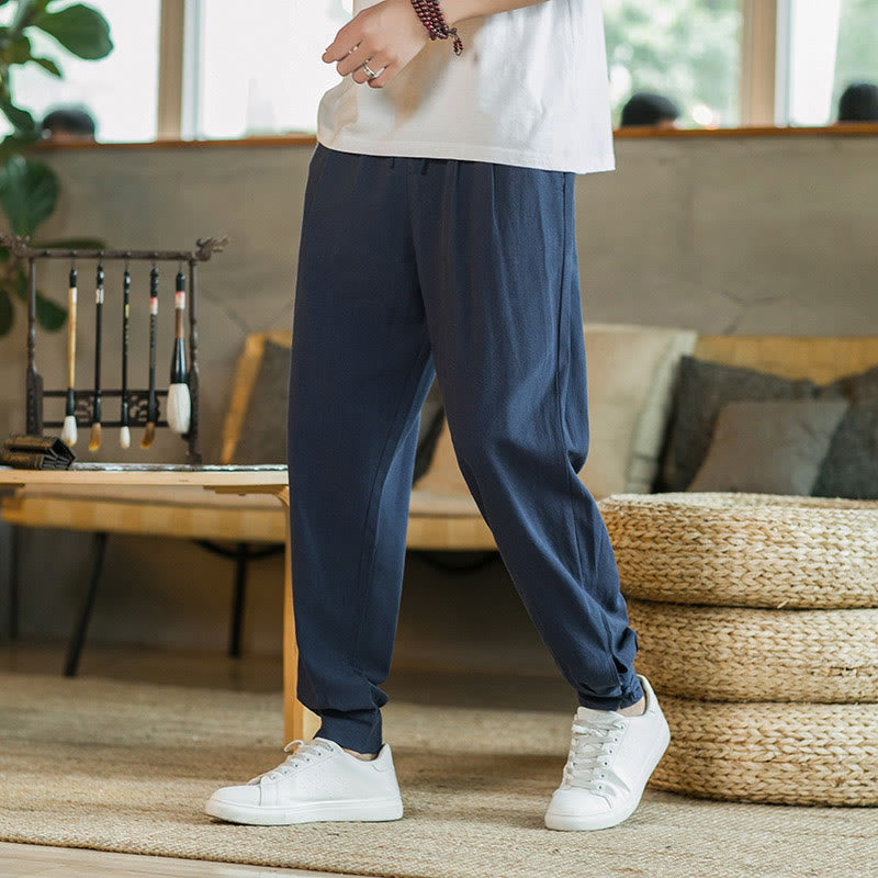 Buddha Stones Summer Plain Men's Cotton Linen Tapered Pants With Pockets - SteelBlue - US/UK/AU48,EU58(5XL) - image 28