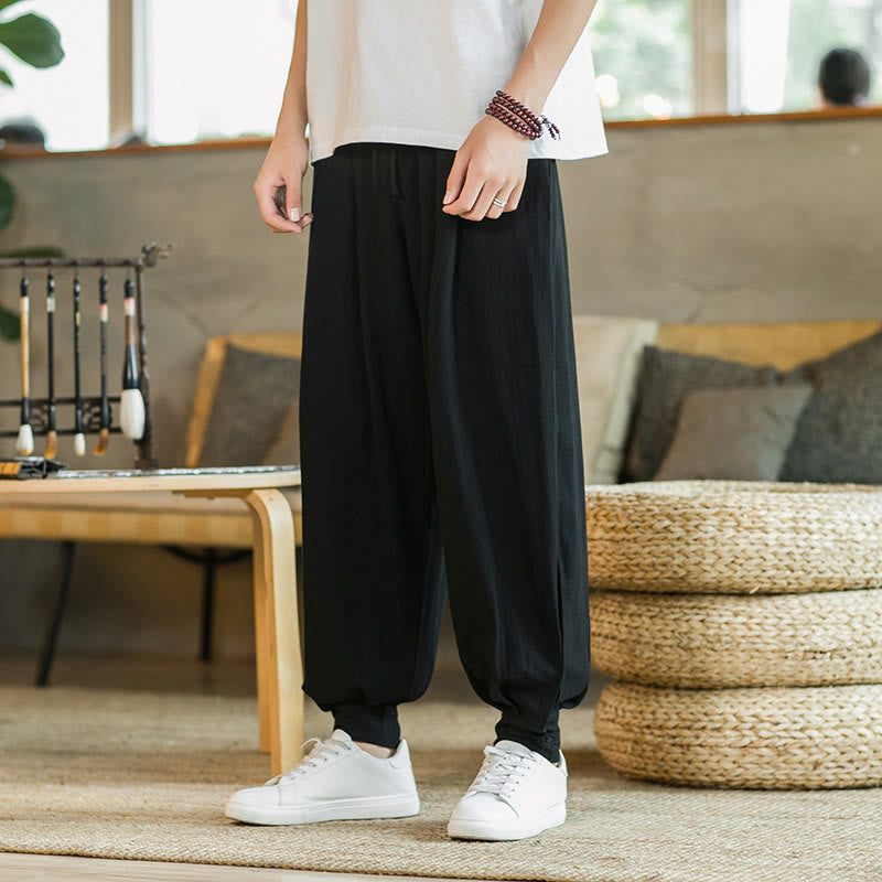 Buddha Stones Summer Plain Men's Cotton Linen Tapered Pants With Pockets - Black - US/UK/AU48,EU58(5XL) - image 18