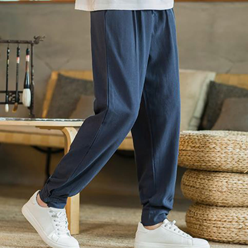 Buddha Stones Summer Plain Men's Cotton Linen Tapered Pants With Pockets - image 29