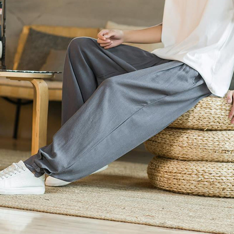 Buddha Stones Summer Plain Men's Cotton Linen Tapered Pants With Pockets - image 4
