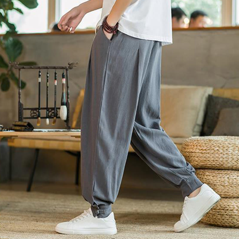 Buddha Stones Summer Plain Men's Cotton Linen Tapered Pants With Pockets - image 3