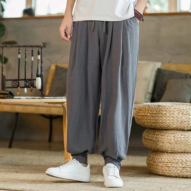 Buddha Stones Summer Plain Men's Cotton Linen Tapered Pants With Pockets - image 9