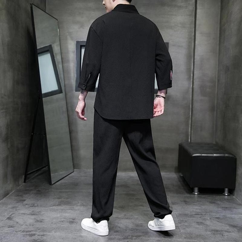 Buddha Stones Solid Color Three Quarter Sleeve Shirt Casual Pants Clothing Men's Set - image 9