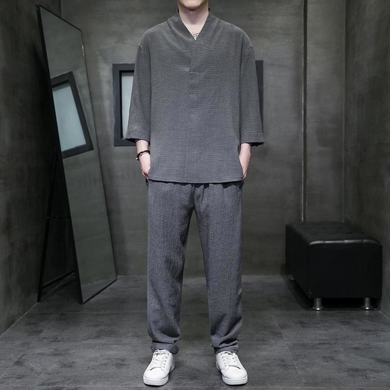 Buddha Stones Solid Color Three Quarter Sleeve Shirt Casual Pants Clothing Men's Set - DimGray - US/UK/AU44,EU54 (4XL) - image 18