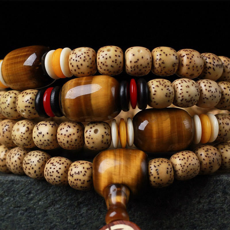 Foviel 108 Mala Perlen Bodhi-Samen Tigerauge Fu Charakter Friedens Armband
