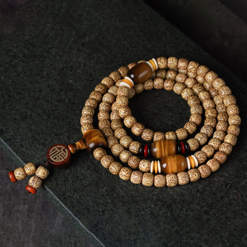 Foviel 108 Mala Beads Bodhi Seed Tiger's Eye Fu Character Peace Bracelet