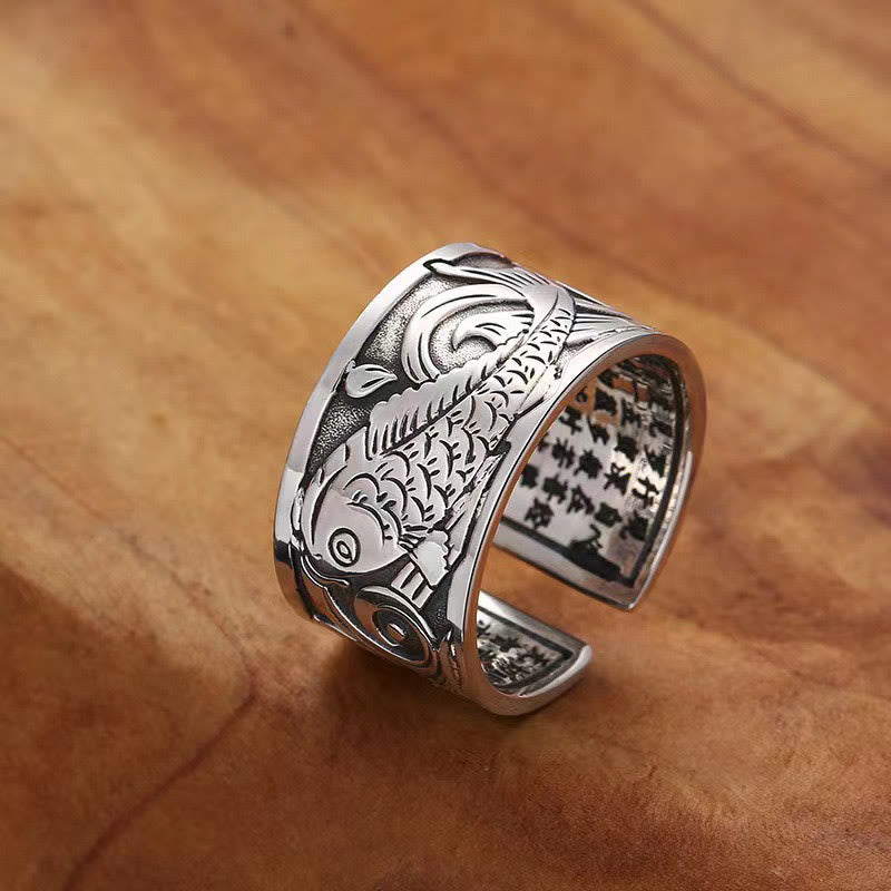 Foviel Koi Fisch Herz Sutra Geschnitzt Design Glück Reichtum Ring