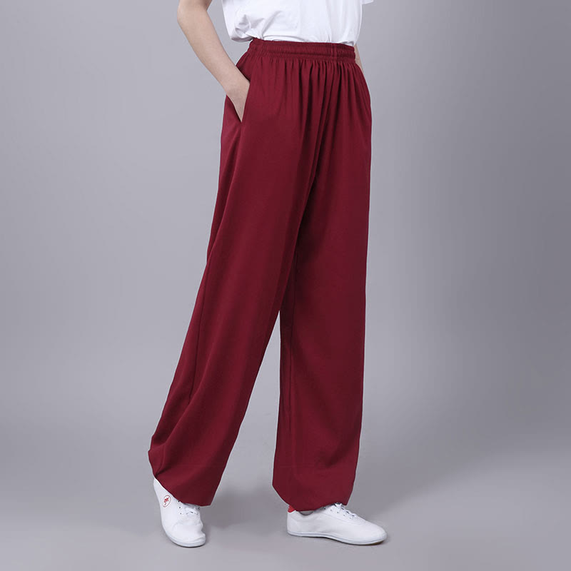 Foviel Sommer Unisex elastische Taille Tai Chi Qigong Praxis Atmungsaktive Hosen mit Taschen